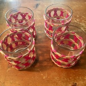 Set of 4 Raffia Wrapped Pink Drinking - New. Great for Coastal Easter table
